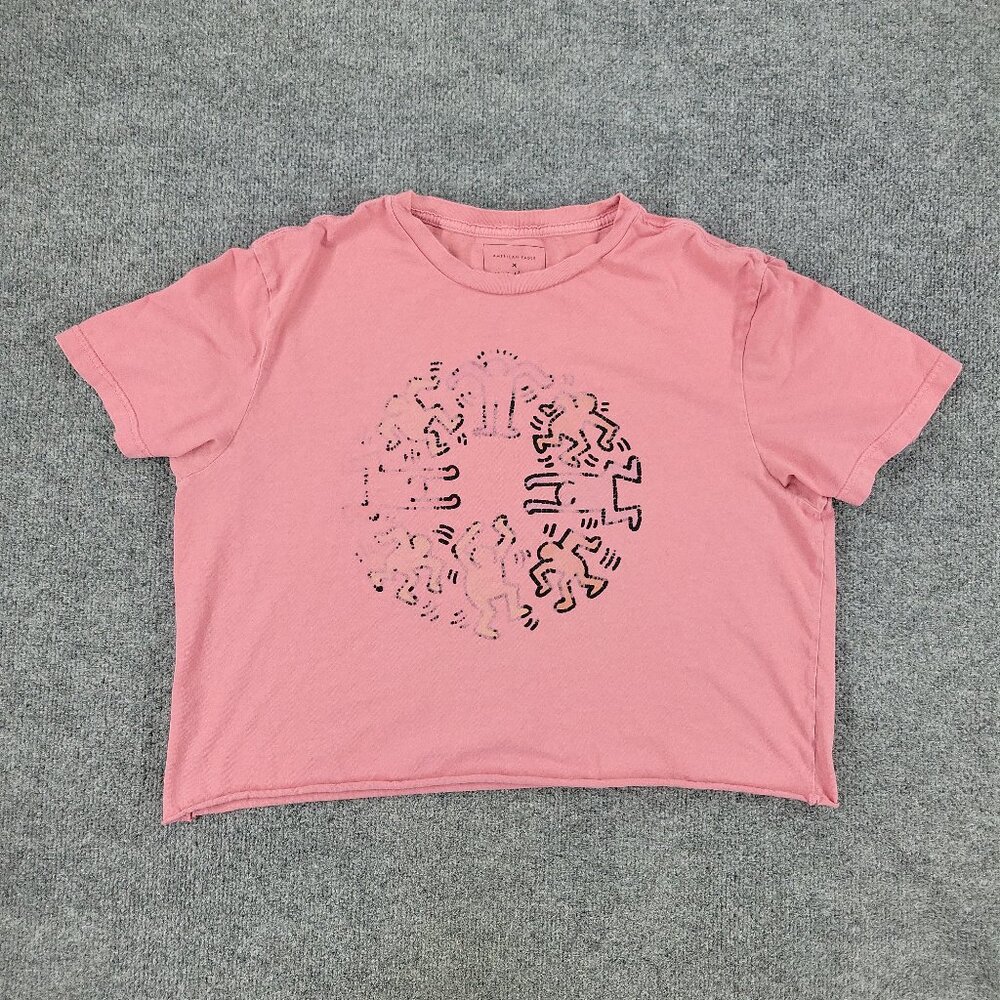 American Eagle X Keith Haring Shirt Women Large Pink Crop Top Short Sleeve Adult